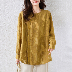 批发实拍圆领提花长袖衬衫2025年春秋季气质简约新中式<b class='q'>雪纺上衣</b>女