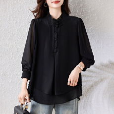 批发实拍2025新款立领大码黑色拼接T恤长袖中长款时尚百搭春秋<b class='q'>雪纺衫</b>