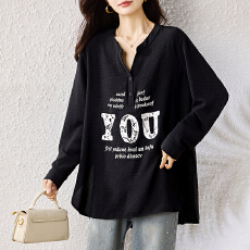 批发实拍2025新款V领长袖宽松型中长款大码T恤烫印不褪色透气显瘦上衣