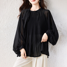 批发实拍2026早春新款高级感雪纺衫女<b class='q'>韩版</b>洋气时髦绑带圆领蝙蝠袖衬衫