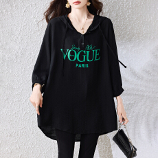 批发2026新款字母时尚印花连帽显瘦百搭夏季减龄大码宽松<b class='q'>中长款</b>上衣女