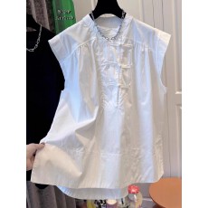 批发夏装新款韩版纯色大码女装新中式国风盘扣<b class='q'>白色</b>衬衫无袖显瘦上衣