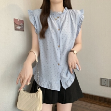 批发实拍夏装新款大码女装轻奢减龄木耳边小清新背心波点马甲无袖上衣