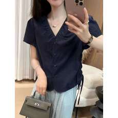 批发夏装新款大码夜岩上衣法式温柔风淑女抽绳褶皱v领上衣M-4XL200斤