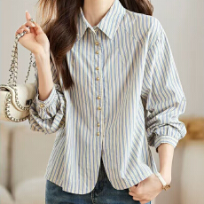 批发秋装新款大码女装条纹衬衫长袖珍珠扣上衣韩版休闲宽松上衣