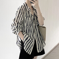 批发早秋高级感粉色竖条纹衬衫宽松休闲百搭防晒开衫亚麻上衣