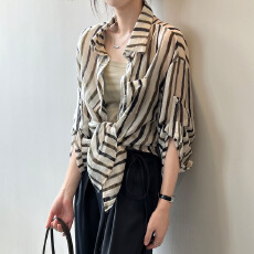 批发2026早春大码条纹<b class='q'>衬衫</b>设计感小众上衣男友风宽松长袖<b class='q'>衬衣</b>薄款开衫