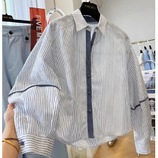 批发2026早春日韩独特超好看蓝色条纹长袖衬衫女士小衫法式遮肉上衣