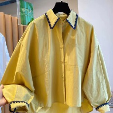 批发2026早春韩版刺绣撞色拼接翻领长袖衬衫女减龄宽松显瘦衬衣上衣