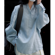 批发春装新款日系文艺亚麻衬衫女宽松长袖棉麻衬衣防晒度假风休闲上衣