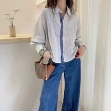 批发秋装新款日韩独特超好看蓝色条纹长袖衬衫女士小衫法式遮肉上衣