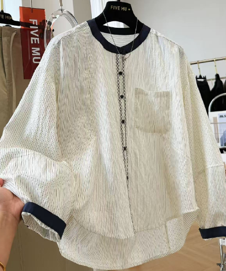 가을 의상 새로운 한 부서 슈퍼 잘 생긴 배색 라운드 넥 스트라이프 긴팔 셔츠 고급 센스 chic Chic 맨위 작은 셔츠