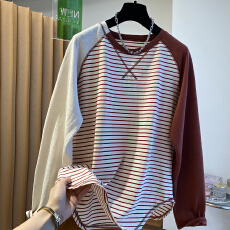 批发2026早春韩系高级感<b class='q'>条纹</b>t恤女长袖宽松薄款圆领<b class='q'>打底衫</b>上衣
