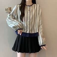 批发实拍秋装日韩女装短款小衫蕾丝花边长袖衬衫法式小资小上衣