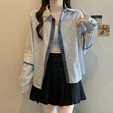 批发实拍2026早春日韩独特超好看蓝色条纹长袖衬衫小衫法式遮肉上衣