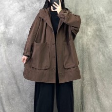 批发复古纯色连帽<b class='q'>风衣</b>外套秋冬新款宽松大码高级感时尚气质显瘦上衣