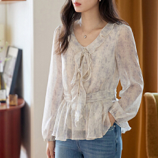 批发2026早春<b class='q'>大码</b>女装蓝色印花荷叶边绑带长袖衬衫复古收腰显瘦上衣