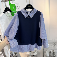 批发夏装新款条纹长袖拼接假两件衬衫上衣爆款时尚洋气欧货衬衣女