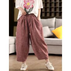 批发夏装新款棉麻阔腿裤<b class='q'>文艺</b><b class='q'>范</b>大码条纹哈伦裤女松紧腰显瘦宽松休闲裤