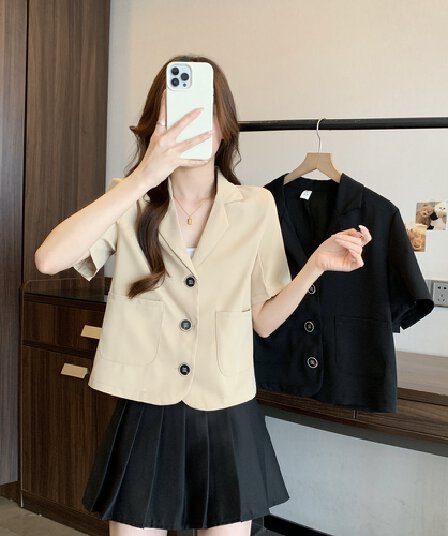 실사 한국 chic 폴로 칼라 세 버클 디자인 빅 사이즈 루즈핏 캐주얼 반팔 블레이저 m-4xl200 근