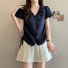 批发实拍夏装新款大码夜岩上衣温柔风淑女抽绳褶皱v领上衣M-4XL200斤