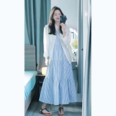 批发春装新款大码女装条纹中长款连衣裙防晒衬衫两件套装M-4XL200斤