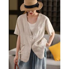 批发夏装新款韩版大码<b class='q'>女</b>装复古棉麻短袖<b class='q'>西装外套</b>单排扣开衫外搭上衣