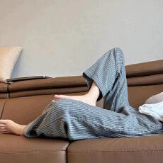 批发夏装新款<b class='q'>大码</b>慵懒松弛感棉麻条纹裤高腰直筒休闲裤小个子阔脚