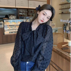 批发2026夏装新款大码女装波点<b class='q'>衬衫</b>蝴蝶结系带泡泡袖上衣M-4XL200斤