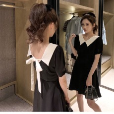 批发夏季新款大码<b class='q'>娃娃</b>领露肩蝴蝶结系带连衣<b class='q'>裙</b>赫本风小黑<b class='q'>裙</b>M-4XL200斤