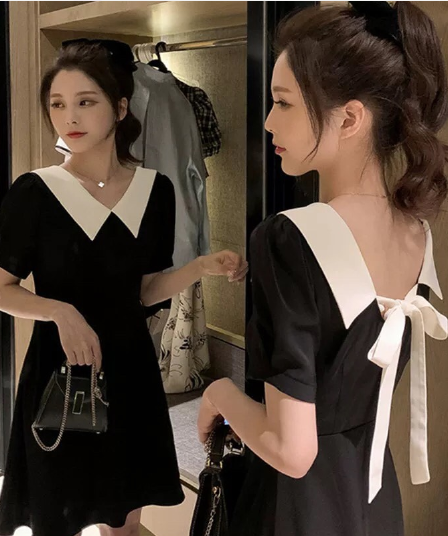 여름 새로운 빅 사이즈 베이비 칼라 오프숄더 나비 넥타이 드레스 그는 벤 바람 작은 검은 드레스 m-4xl200 근
