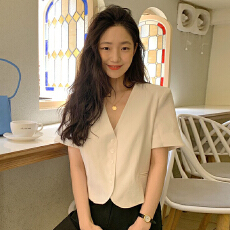 批发2026夏装大码女装韩版chic百搭显瘦V领单排扣西服上衣M 4XL200斤