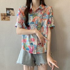 批发实拍夏装<b class='q'>大码</b>韩版趣味印花衬衫宽松休闲翻领童趣上衣潮M-4XL200斤