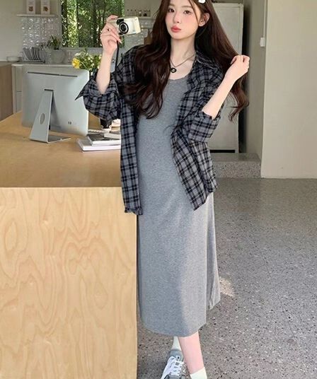 봄 드레스 새로운 빅 사이즈 차 부서 착용 가져 가라. 슬립 드레스 조끼 롱 스커트 캐주얼 세트