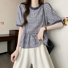 实拍夏装日韩轻奢减龄圆领短袖娃娃衫复古格子衬衫超好看裙摆小衫