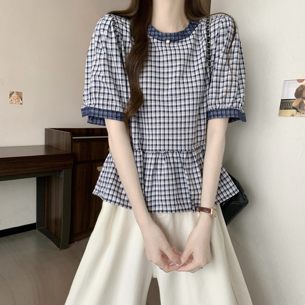 실사 여름 드레스 일본과 한국 빛 럭셔리 연령 감소 라운드 넥 반팔 인형 셔츠 레트로 격자 무늬 셔츠 슈퍼 잘 생긴 치마 작은 셔츠