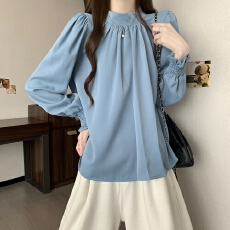实拍夏装新款韩版上衣乐天速干不易皱圆高领泡泡袖雪纺衬衫