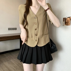 批发实拍夏装大码女装韩版chic百搭显瘦V领单排扣西服上衣