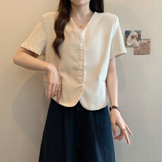 批发实拍夏装大码女装韩版chic显瘦V领单排扣西服上衣M 4XL200斤
