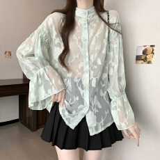 批发实拍夏装新款外贸女装花朵泡泡袖蕾丝衫<b class='q'>雪纺上衣</b>长袖衬衫两面穿