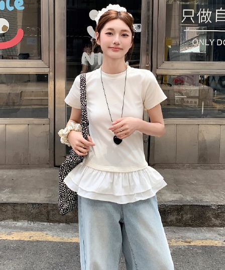 여름 드레스 새로운 빅 사이즈 순면 작은 대중 퍼프 레이스 패치워크 반팔 티셔츠 몸매 가꾸기 맨위 m-4xl200 근