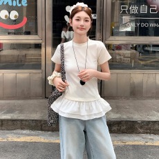 夏装新款大码纯棉小众蓬蓬花边拼接短袖T恤修身上衣M-4XL200斤