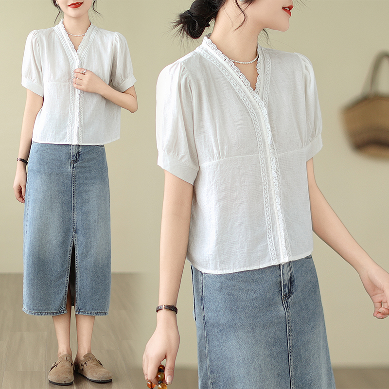 실사 여름 드레스 빅 사이즈 여성 의류 품격 쉬폰 V넥 반팔 셔츠 고급 센스 Chic 셔츠 m-4xl200 근