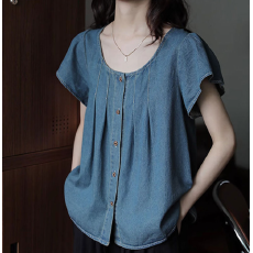 批发夏装新款小飞袖薄款牛仔<b class='q'>衬衫</b>女宽松<b class='q'>衬衣</b>气质气质设计感上衣