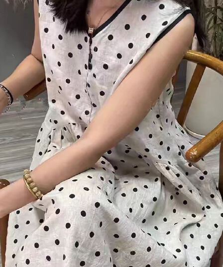 여름 드레스 새로운 도트 무늬 면 린넨 드레스 빅 사이즈 루즈핏 캐주얼 중간 길이 스커트 아마 조끼 스커트