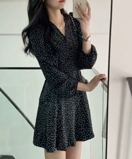 여름 드레스 빅 사이즈 여성 의류 상 유치한 같은 단락 도트 무늬 하나 슬라이스 V넥 드레스 레이스업 치마