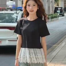 批发<b class='q'>夏</b>装大码芭蕾风蕾丝拼接短袖t恤胖mm显瘦内搭打底上衣M-4XL200斤