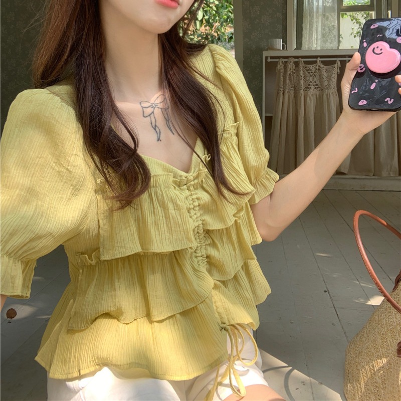 여름 드레스 통통한 여동생 빅 사이즈 고급 센스 프릴 펌프 로프 디스플레이 여성 반팔 맨위 셔츠 m-4xl200 근