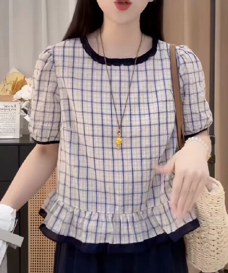 여름 드레스 새로운 빅 사이즈 체크무늬 프릴 반팔 맨위 여성 달콤함 연령 감소 디자인 센스 작은 셔츠
