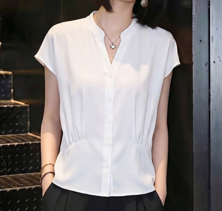여름 새로운 V넥 패션 외국 가스 다용도 단색 반팔 여성 의류 세련된 허리 수축 슬림해 보이는 맨위